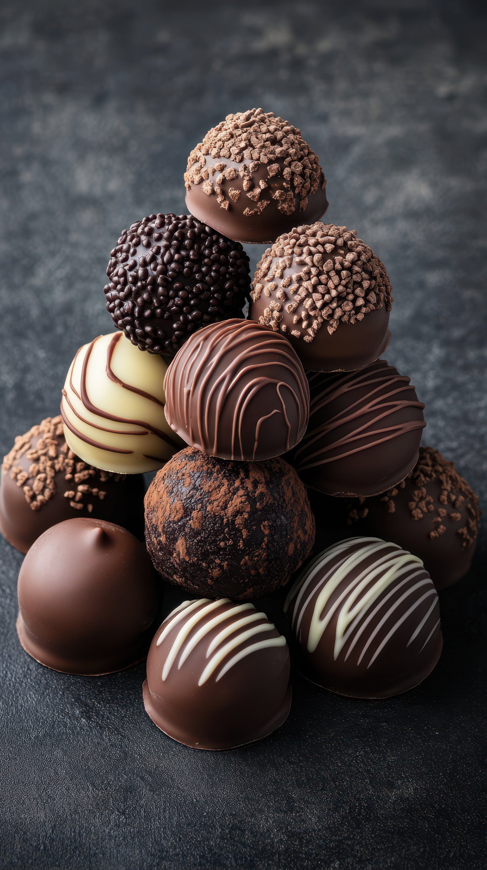 Delicious assortment of handcrafted chocolate truffles arranged in a beautiful pyramid on a dark surface
